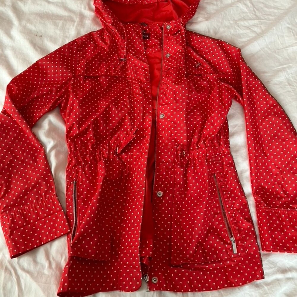 Red polka dot raincoat, size M
